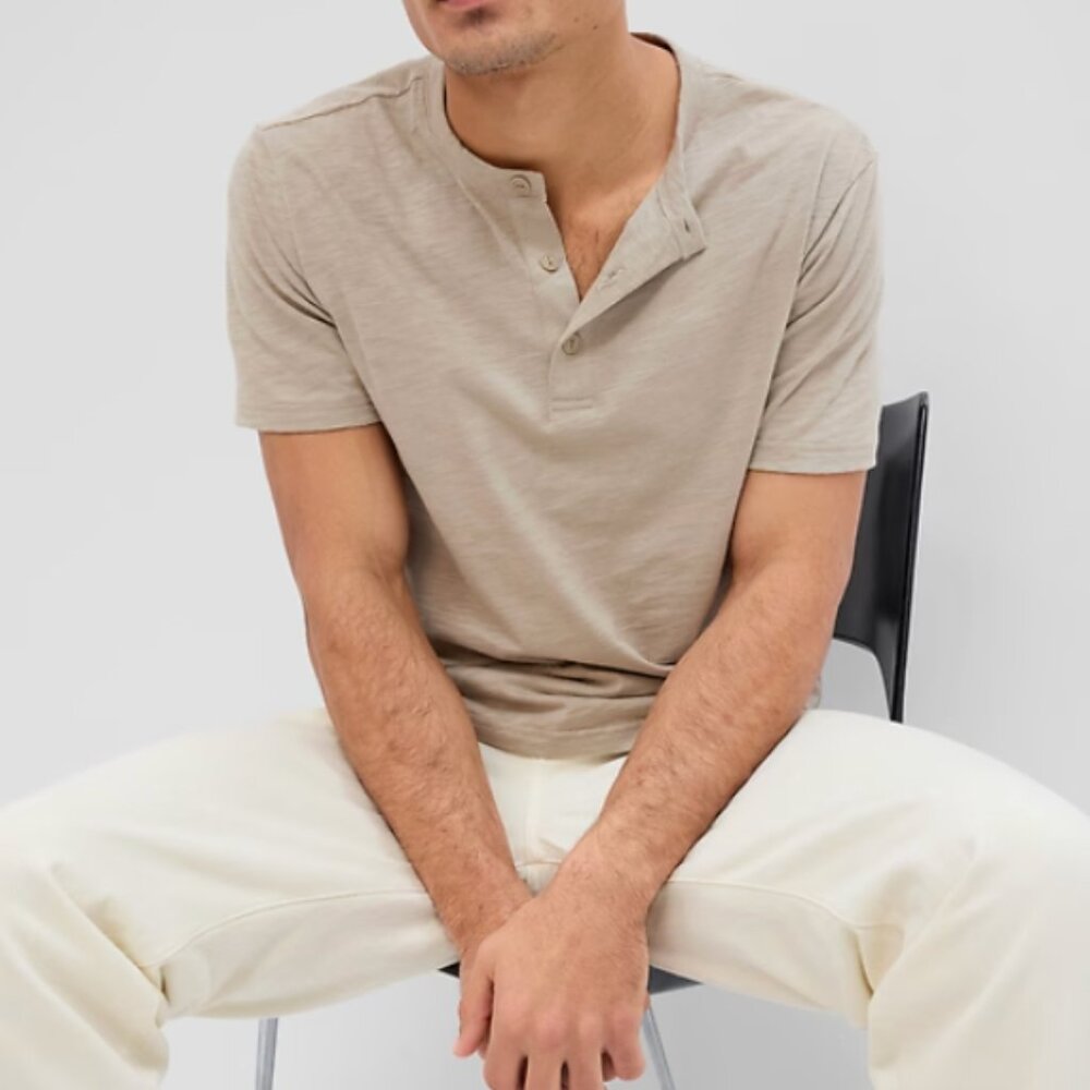 Gap Factory Lived-In Henley T-Shirt, Fossil (Tan/Beige), Large, EUC